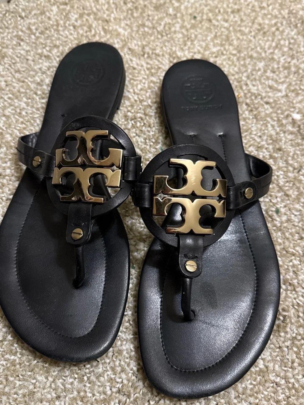Tory Burch Black Leather Sandal with Gold Logo
